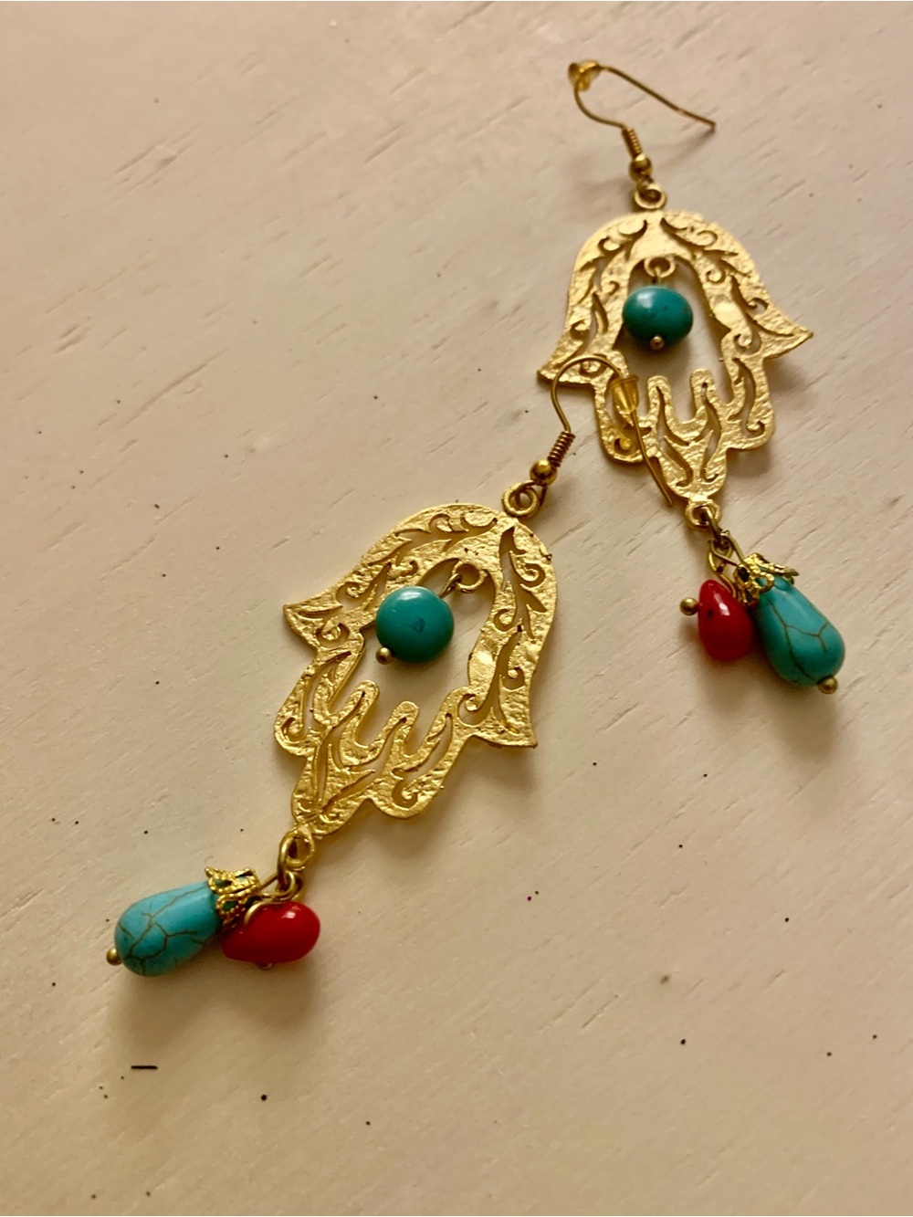 Gold Hamsa Drop Earrings with Turquoise & Red Beads - Women Jewelry